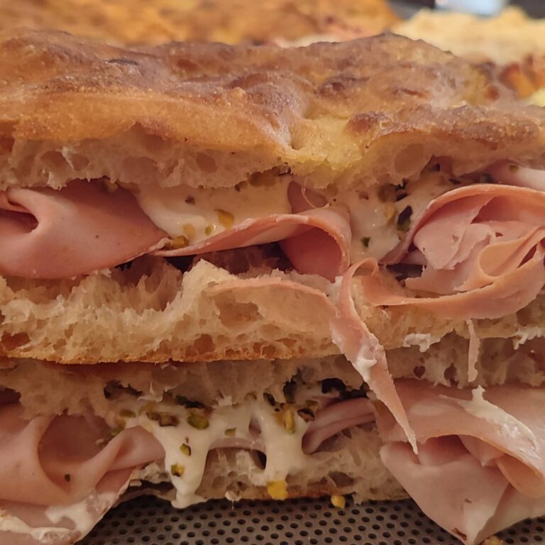 Schiacciata with mortadella, burrata and crushed pistacchio Toghma